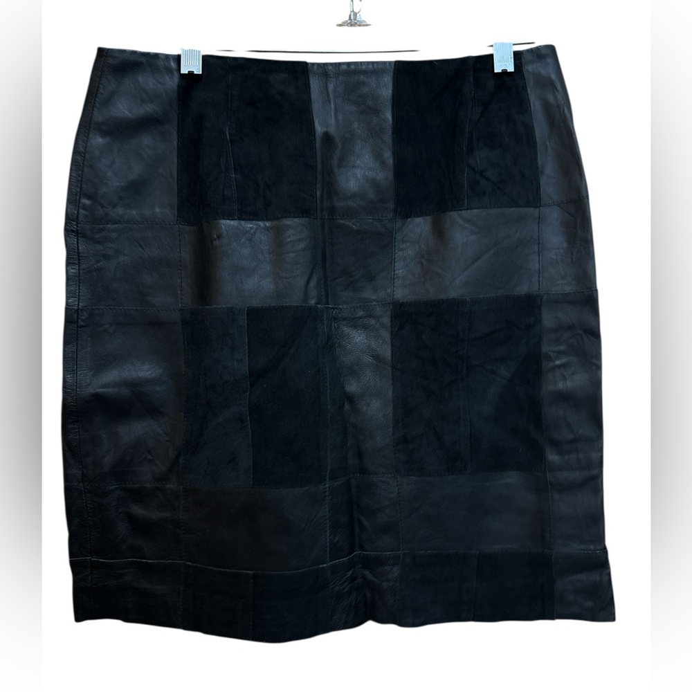 Genuine Leather black patchwork mini skirt by Alfani, Size 8. It’s beautiful!